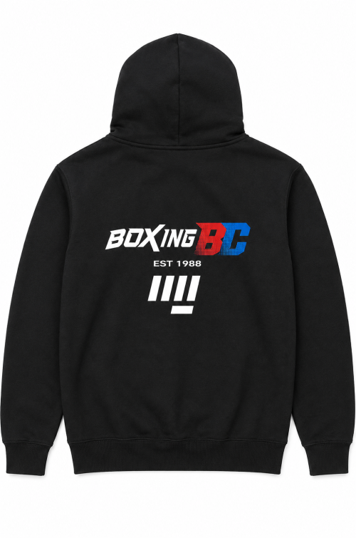 Boxing BC black hoodie, back view on a plain white background
